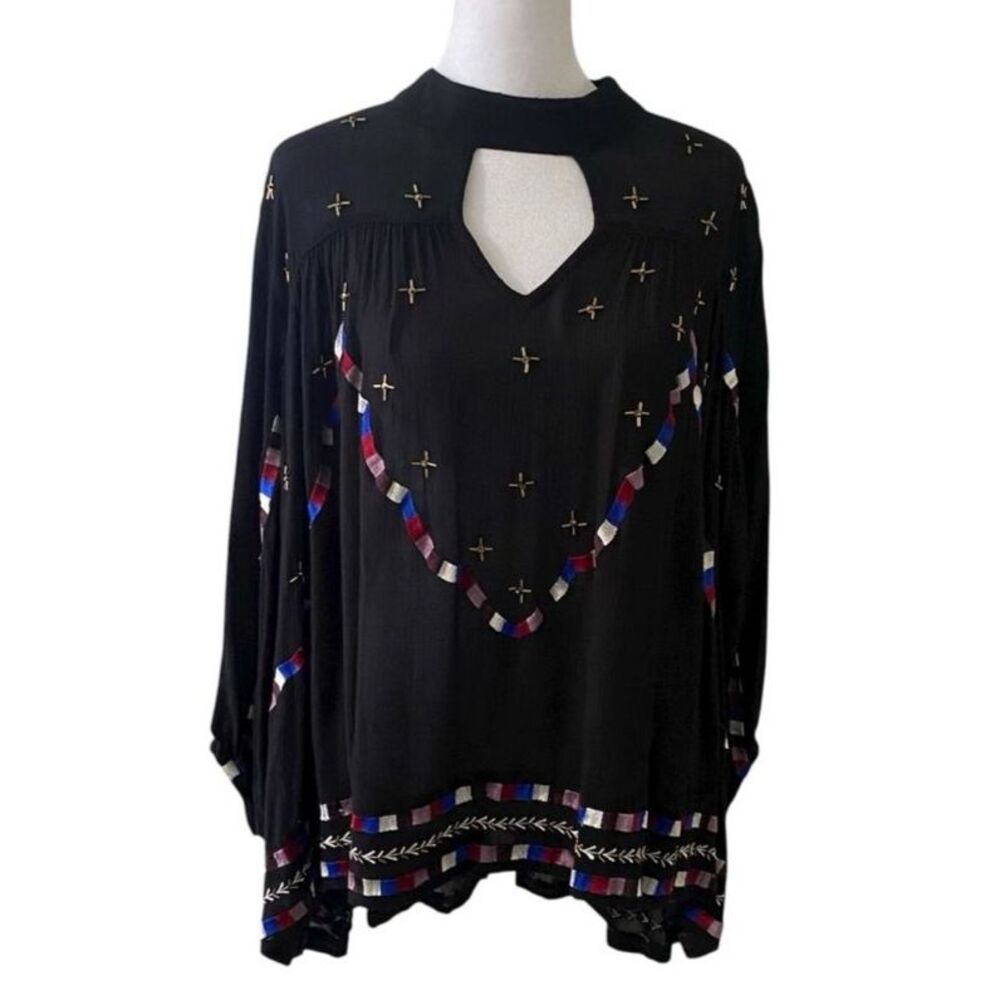 Chloe Oliver Blouse XS Black Oversized Embroidered Artsy Boho